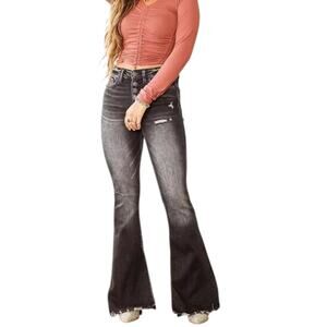 125. Flying Monkey Dark Wash Denim Color Wind Snap Mid Rise Flare Slit Jeans